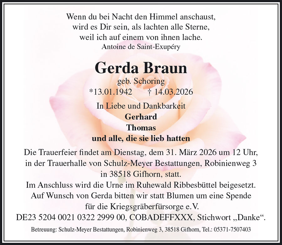 Traueranzeige Gerda Braun