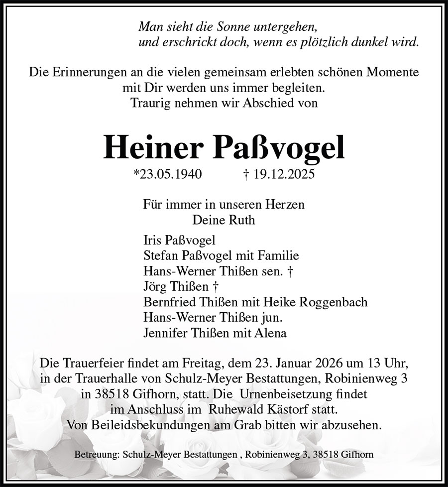 Traueranzeige Heiner Paßvogel