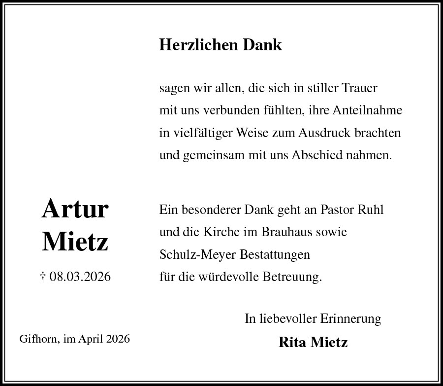 Traueranzeige Artur Mietz
