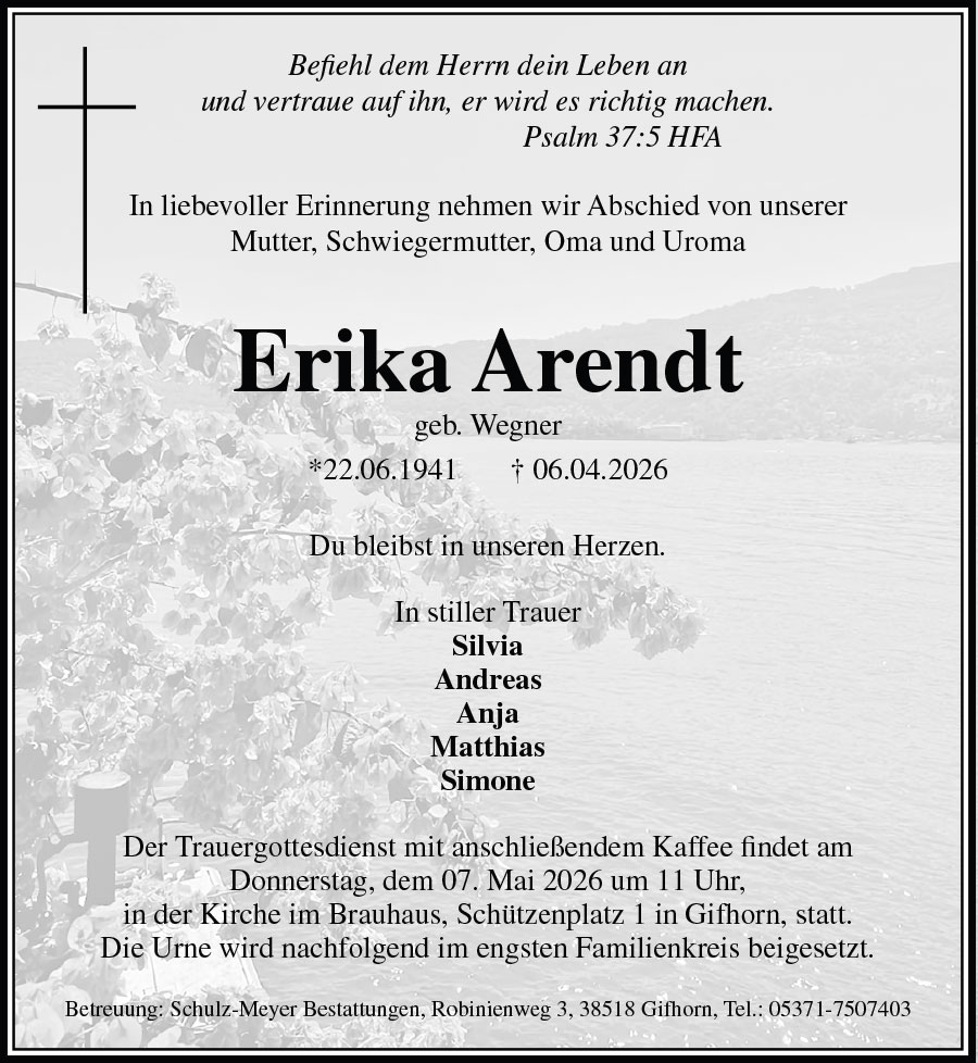 Traueranzeige Erika Arendt