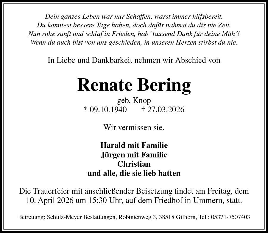 Traueranzeige Renate Bering
