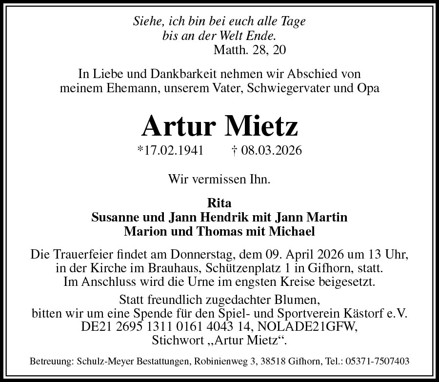 Traueranzeige Artur Mietz