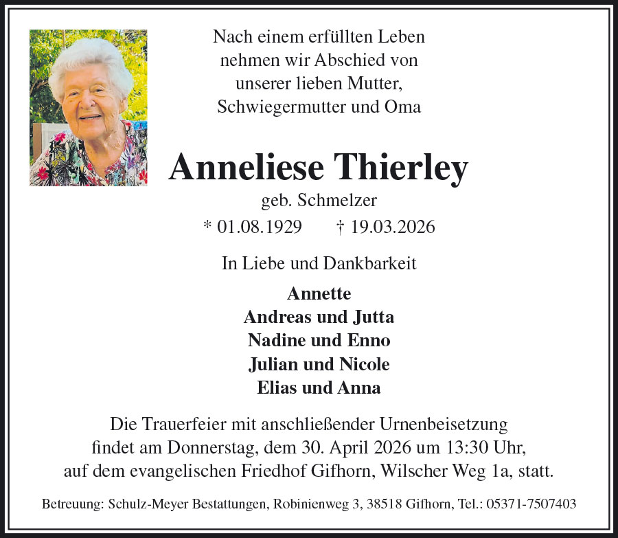 Traueranzeige Anneliese Thierley