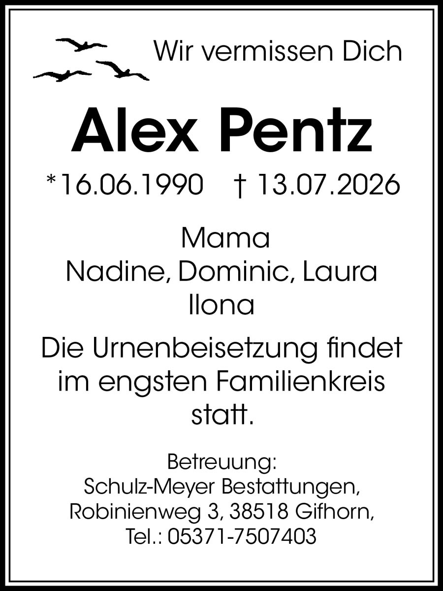 Traueranzeige Alex Pentz
