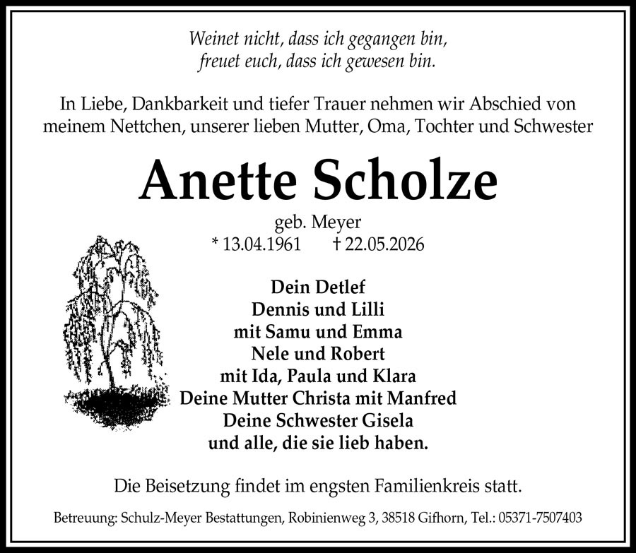 Traueranzeige Anette Scholze