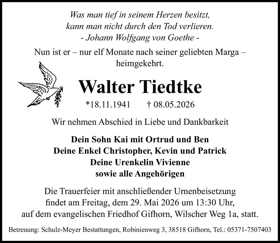 Traueranzeige Walter Tiedtke