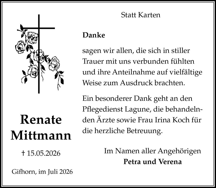Traueranzeige Renate Mittmann